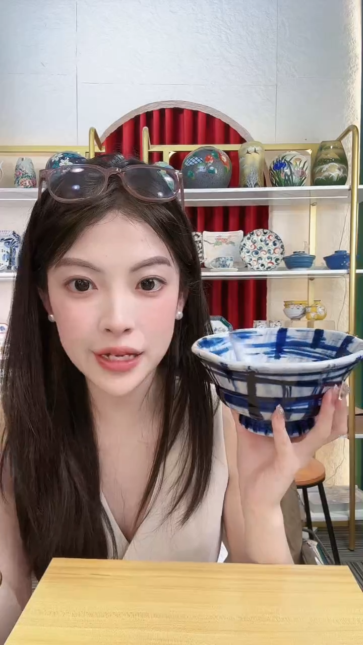 陶瓷濑户烧网格16cm面碗一个