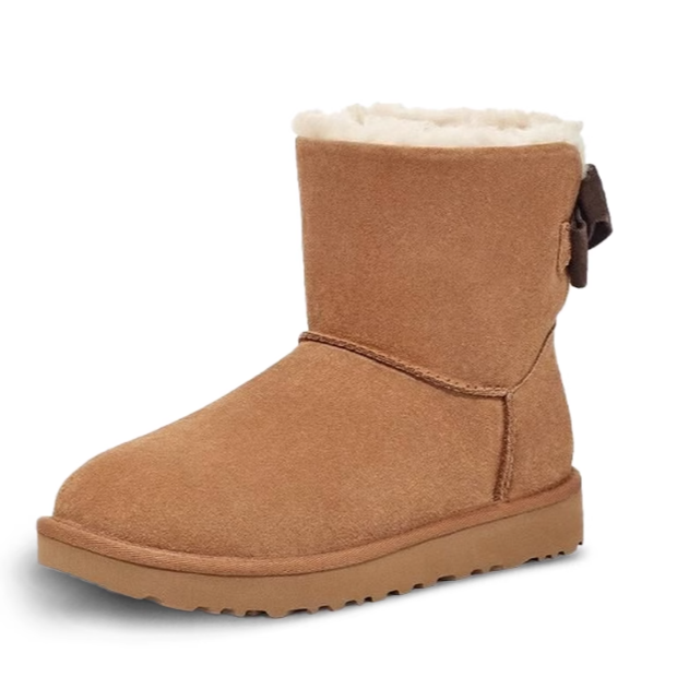 2cm【蝴蝶结款全新未拆封】薄底毛毛鞋懒人鞋桑坡雪地靴羊皮毛一体