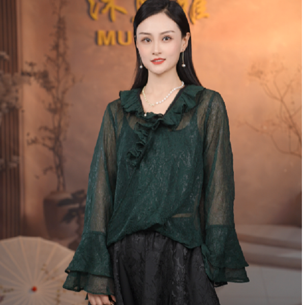 【焕夏墨晨】水墨墨绿色不规则下摆花边袖口木耳边短款上衣
