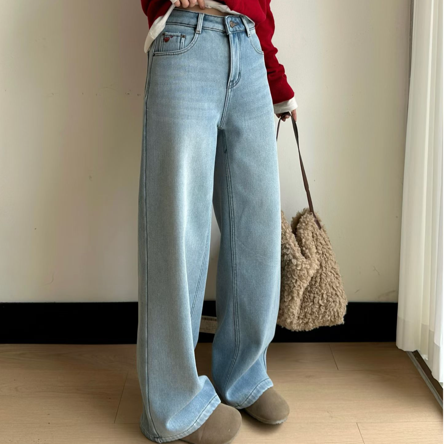 6695#厚绒直筒裤牛仔裤显瘦高腰复古阔腿牛仔长裤