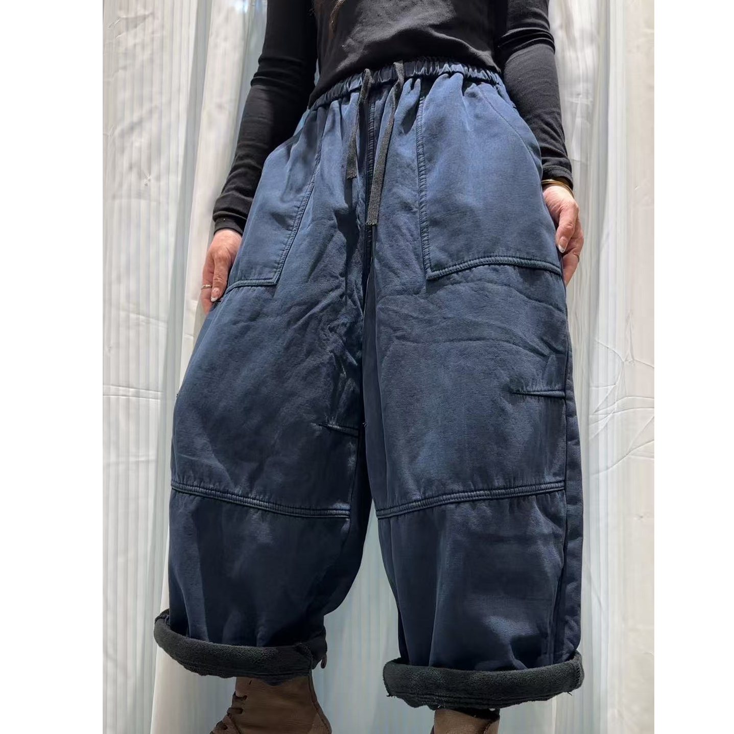 秋冬新款炒色做旧拼接百搭加绒休闲裤(臀围140裤长88)