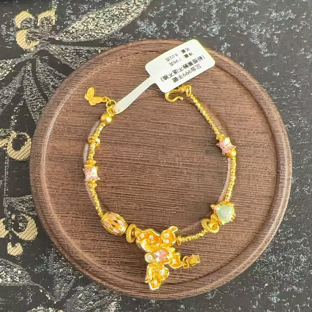 静然美珠宝 足金999投资金 珐琅彩点钻蝴蝶手链08130018