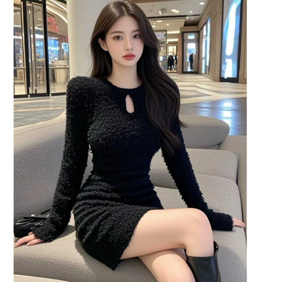 小曼家韩系氛围感气质黑色修身显瘦打底连衣裙2024年秋冬季新款女