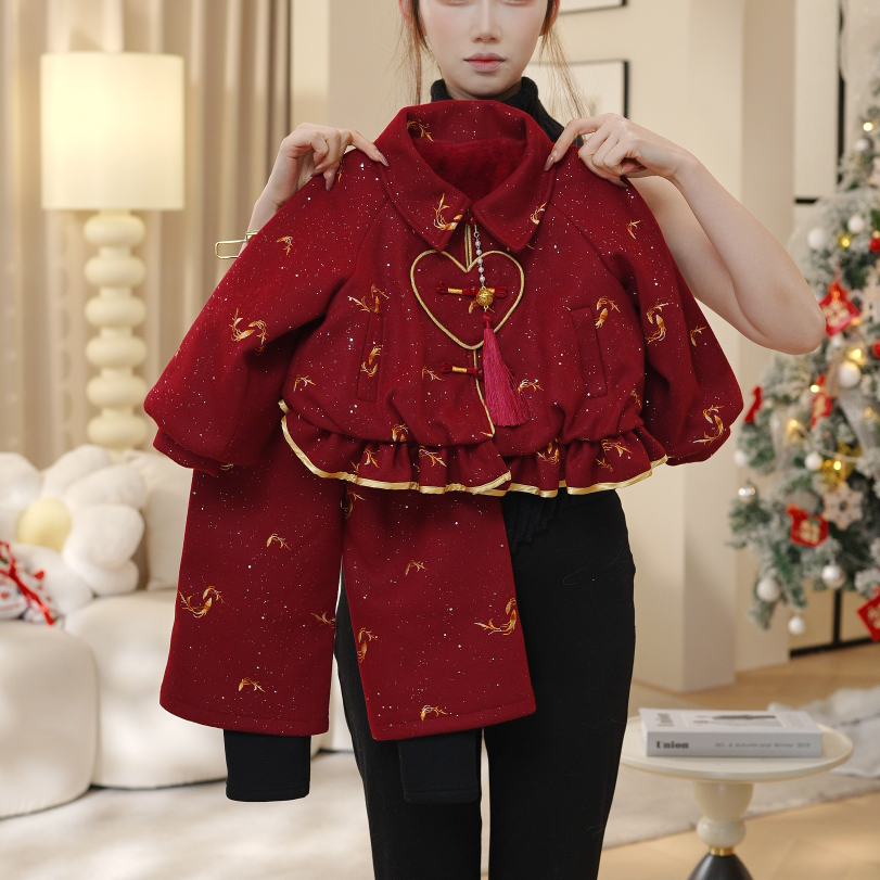 冬季新款女童夹棉加厚高级感红色长袖上衣长裤套装两件套DA30975