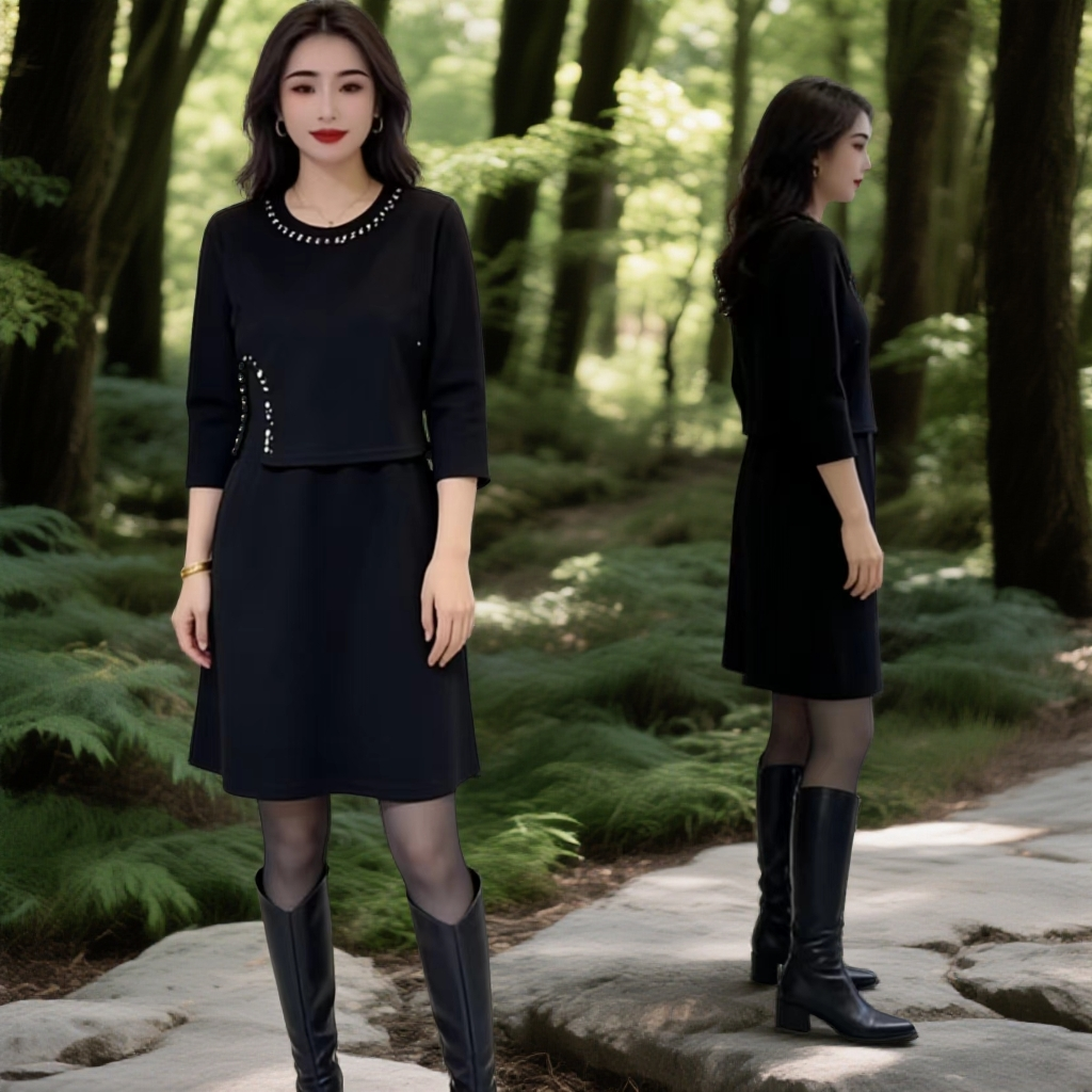 2025冬季新款时尚假两件圆领钉珠连衣裙3889*