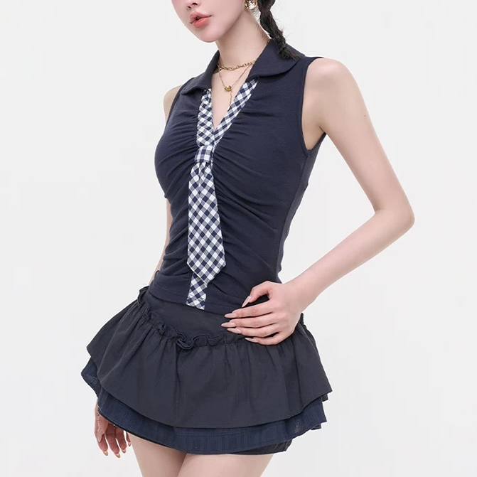 简麦麦辣妹风格纹拼接POLO领无袖背心女夏季修身显瘦带胸垫上衣3