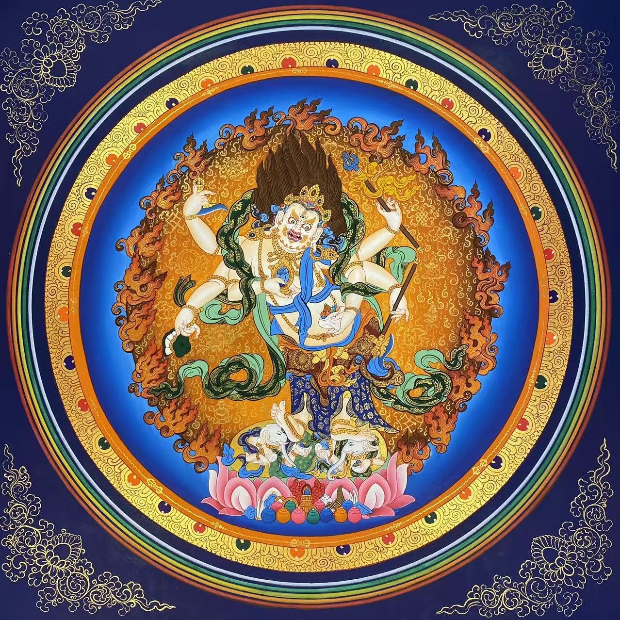 纯手绘白六臂玛哈噶啦单尊尺寸50*50彩唐卡客厅玄关观想