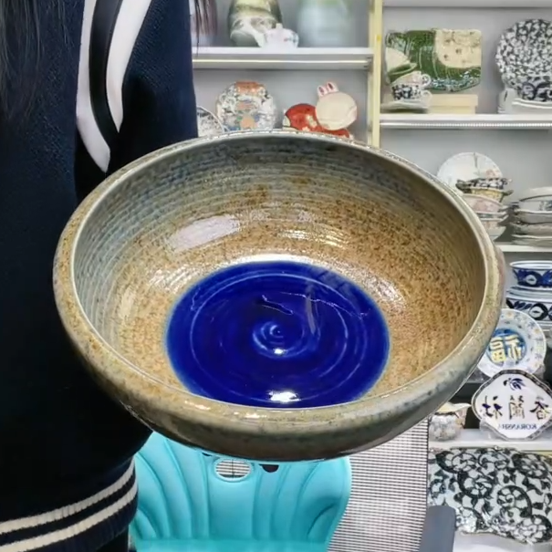 【单支】日本进口美浓烧市原加厚钵23.5cm-砂地蓝流