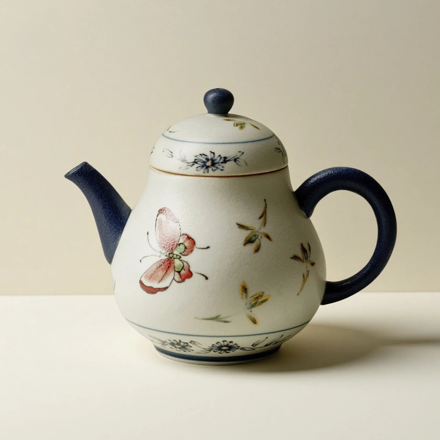 带过滤家用泡茶器青花火石红-蝴蝶兰花-秋水壶