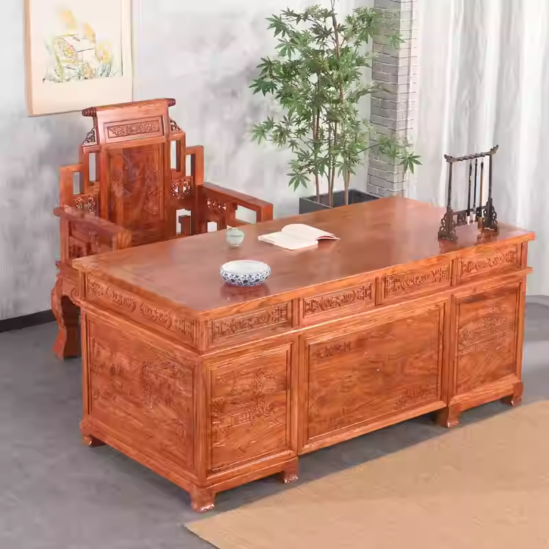 北方老榆木书桌办公桌老板桌大班台实木新中式仿古写字台电脑桌椅