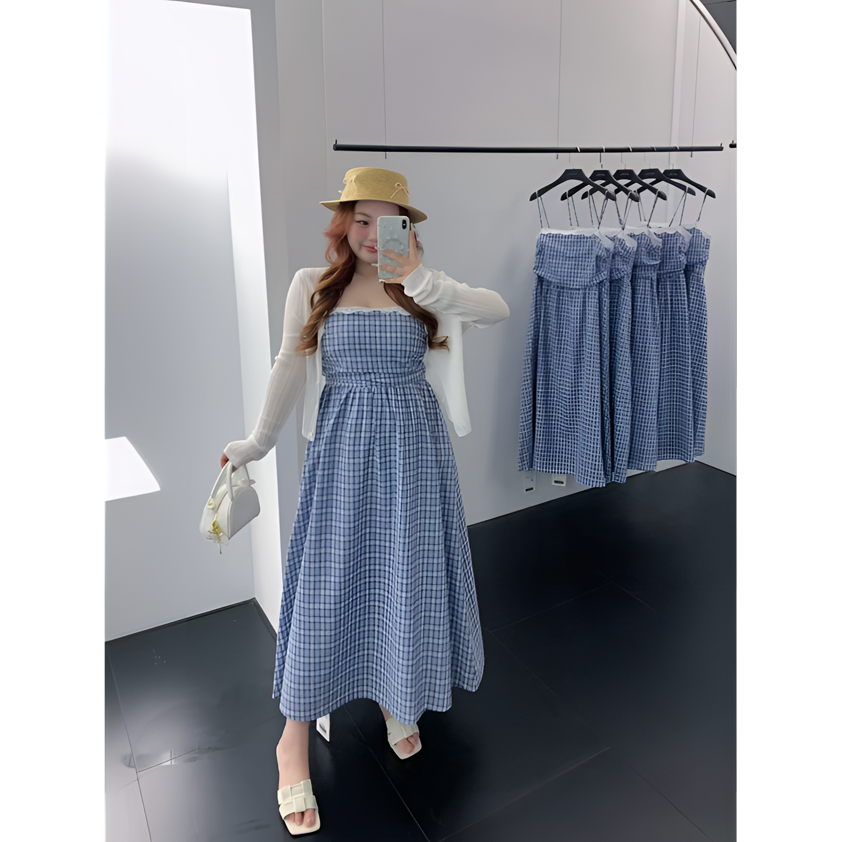 慧芝huizhi DS157蓝格吊带裙定制蕾丝后背弹力松紧收腰吊带连衣裙