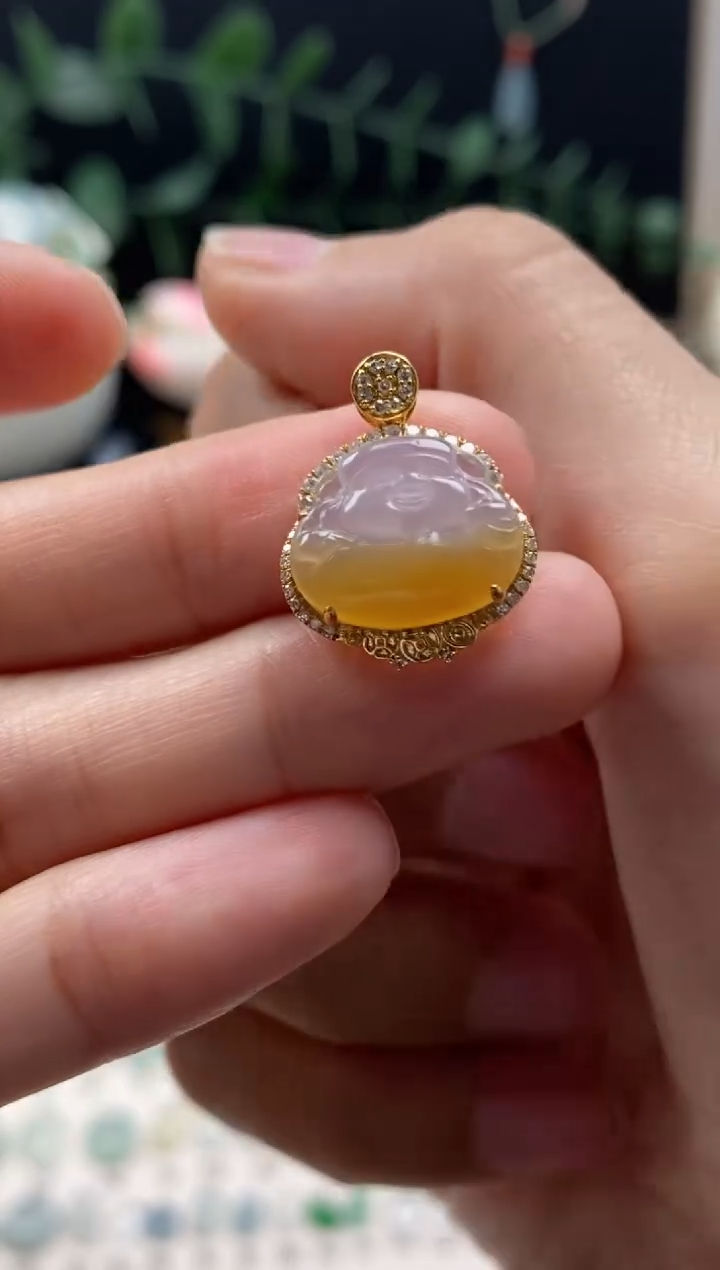 【闪购商品】翡翠颈饰18K金镶嵌翡翠冰黄财神吊坠