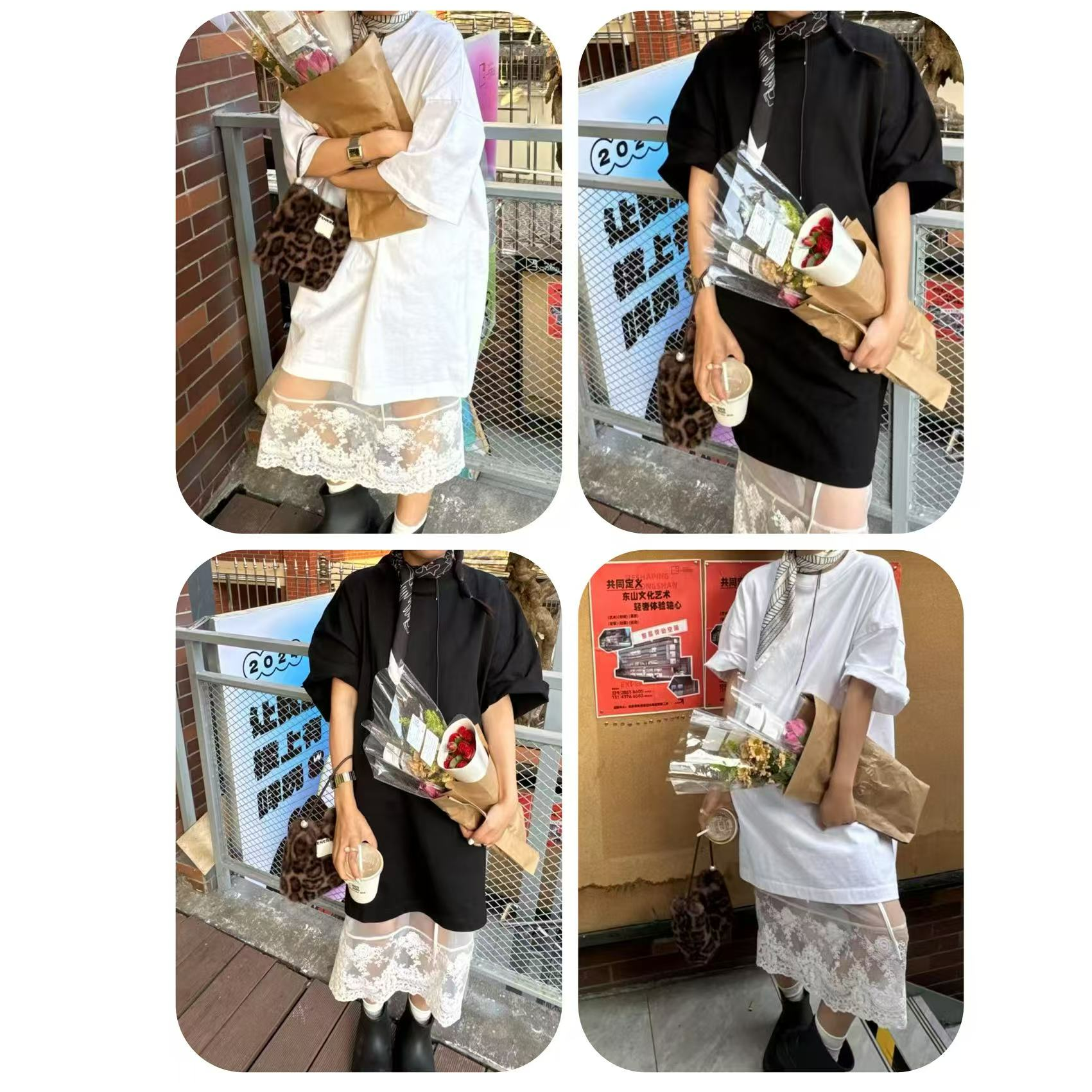 SANBARA-春季新款中长款净版T恤+蕾丝半裙#88128/88128-1
