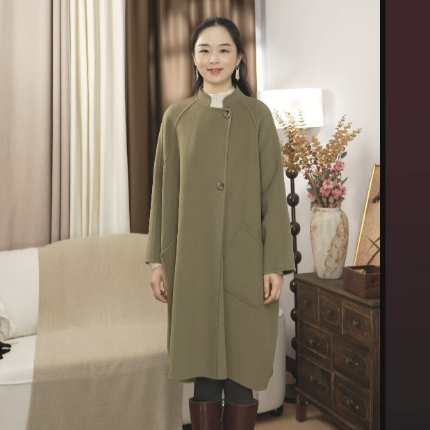 叶黄色温婉复古羊绒双面呢大衣休闲时尚中长款宽松蝙蝠袖秋冬外套