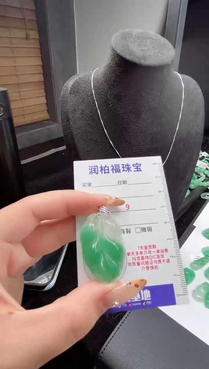 吊坠(赠链)银S925镶嵌石英质玉（非洲翠）14.46叶子