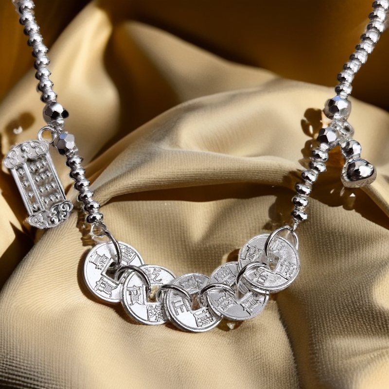 足银手链 民族风葫芦算盘五帝币手链