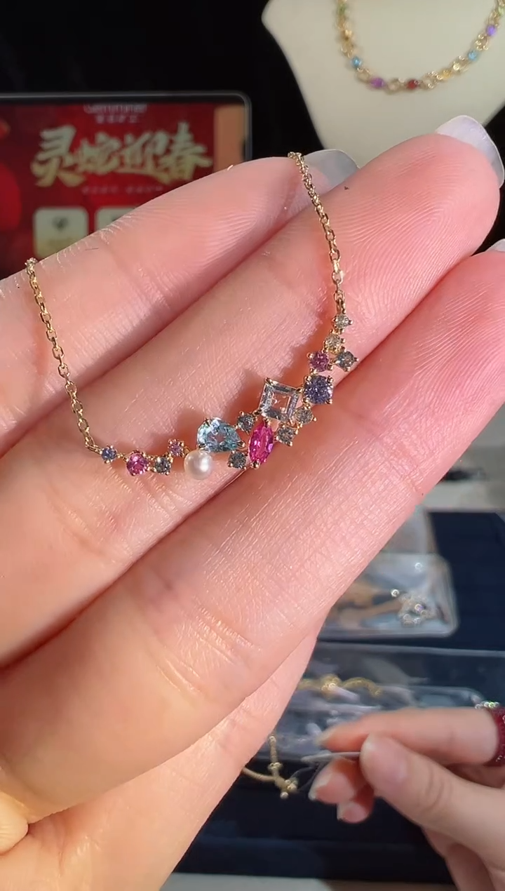 【闪购商品】彩色蓝宝石颈饰18K金镶嵌BN18074#-#70