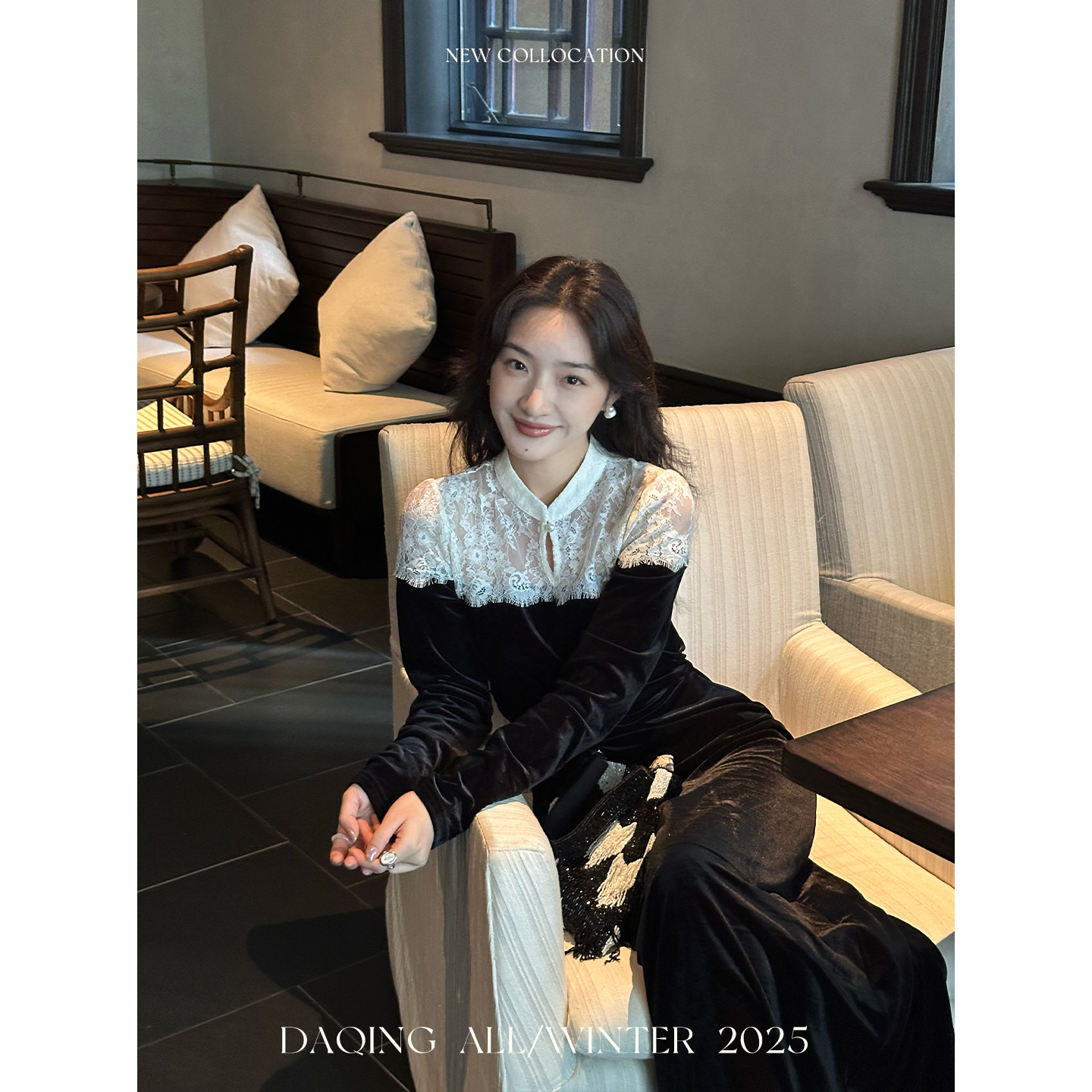 许大晴【温黛夜】优雅重工蕾丝拼接丝绒连衣裙D8A100