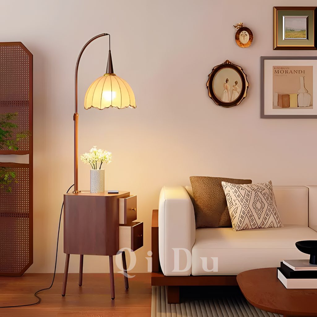 中古法式卧室床头柜一体客厅沙发收纳实木书房阅读多功能落地灯