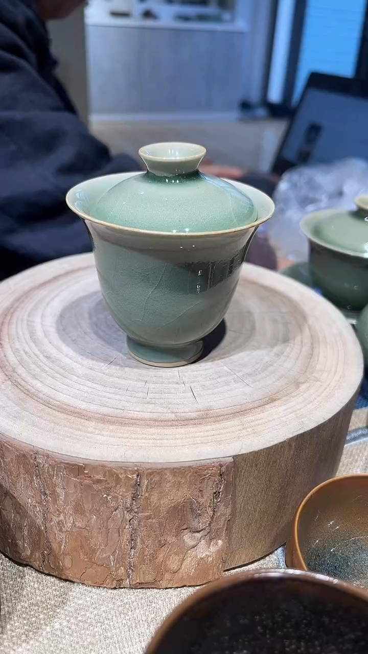摆件瓷风原生态原矿葱绿2才盖碗