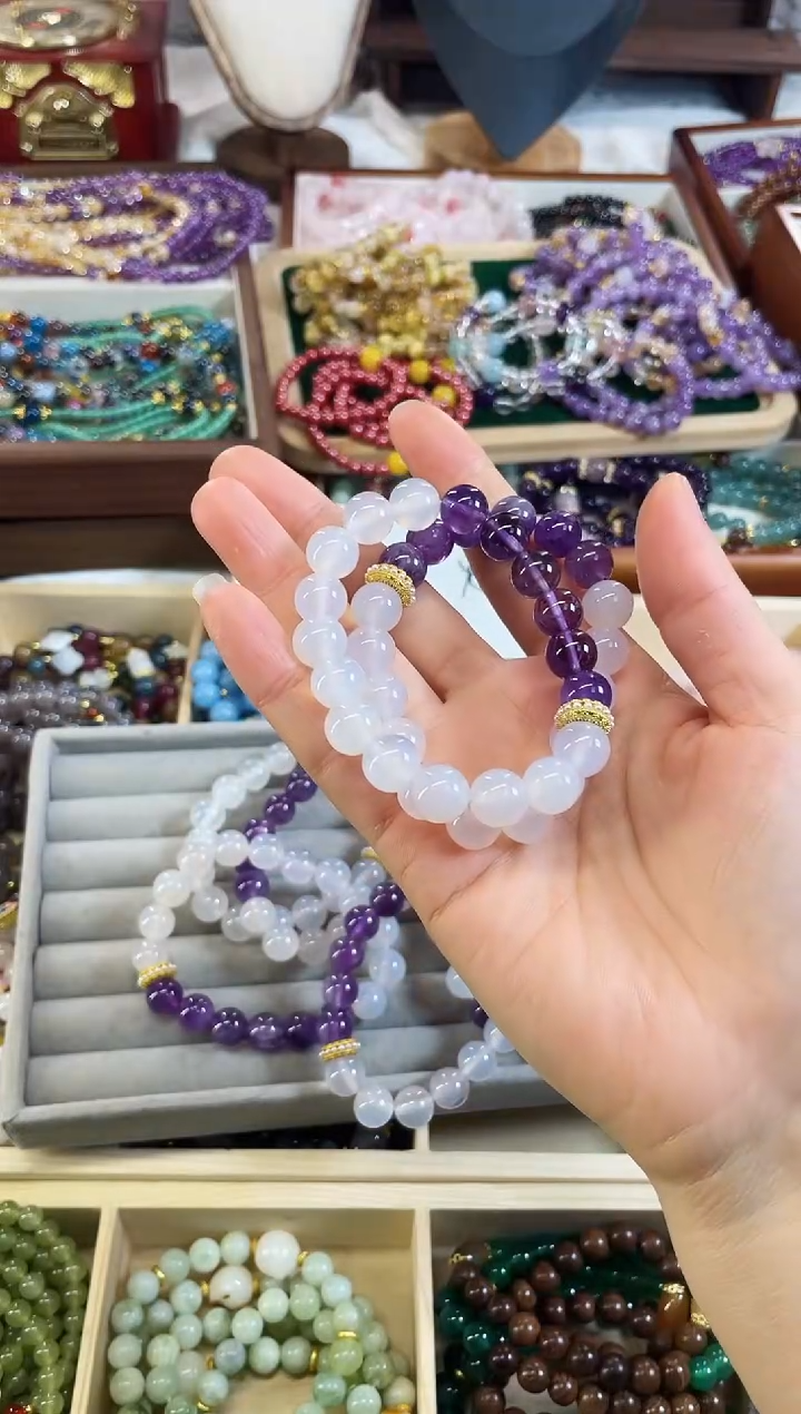 【闪购商品】玛瑙/玉髓手链未镶嵌卡10白玛瑙荔枝冻+紫水晶双拼