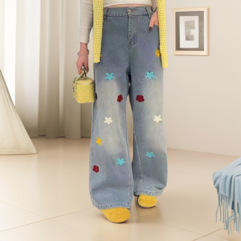 冬季加绒牛仔拖地裤-甜 8544时尚潮流花朵设计款胖MM大码女装新款