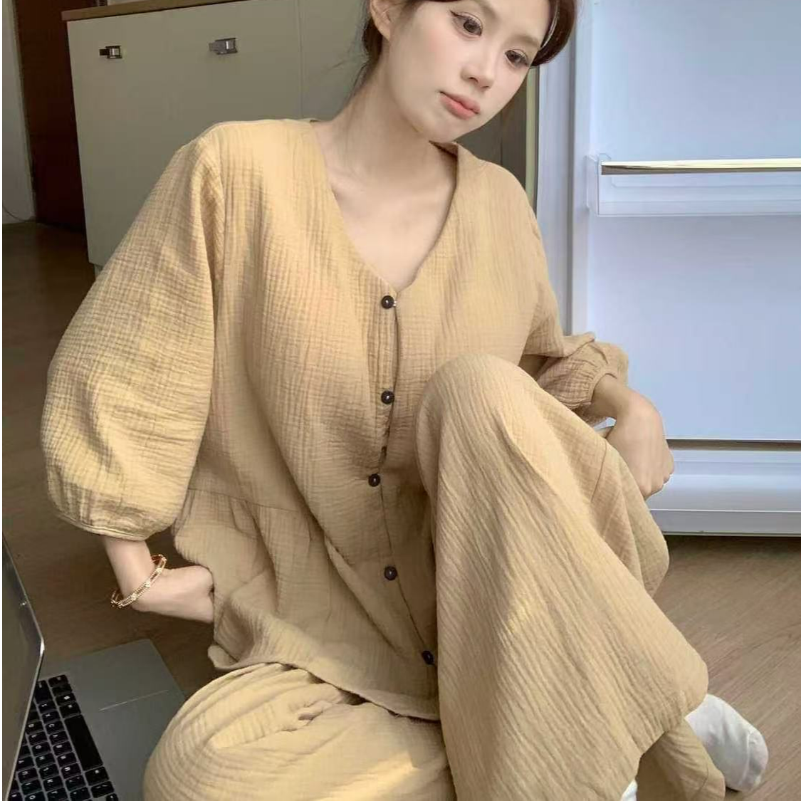 庆同新款春秋季韩版睡衣女甜美简约纯色七分袖宽松休闲家居服套装