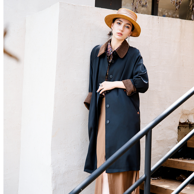 谜底大廓形风衣女士2025秋新款通勤风复古拼接长款外套25CME5006