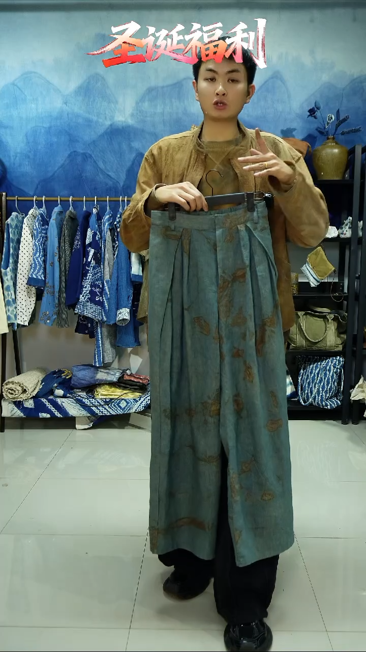 织绣手工柿染+蓝染大麻裤