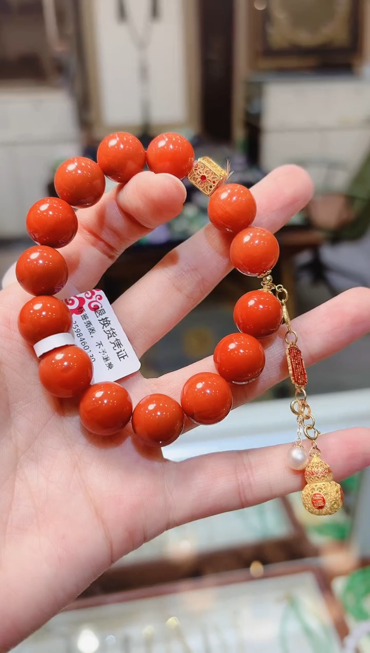 【闪购商品】南红玛瑙手串18K金镶嵌葫芦长提溜圆珠南红手串