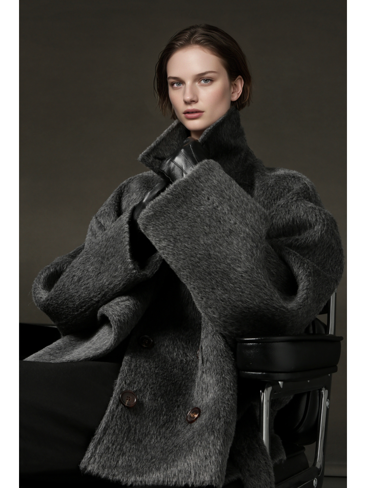 MEILI-秘鲁苏力羊驼毛立领帅气感大衣女双面皮草感外套PI24A0450