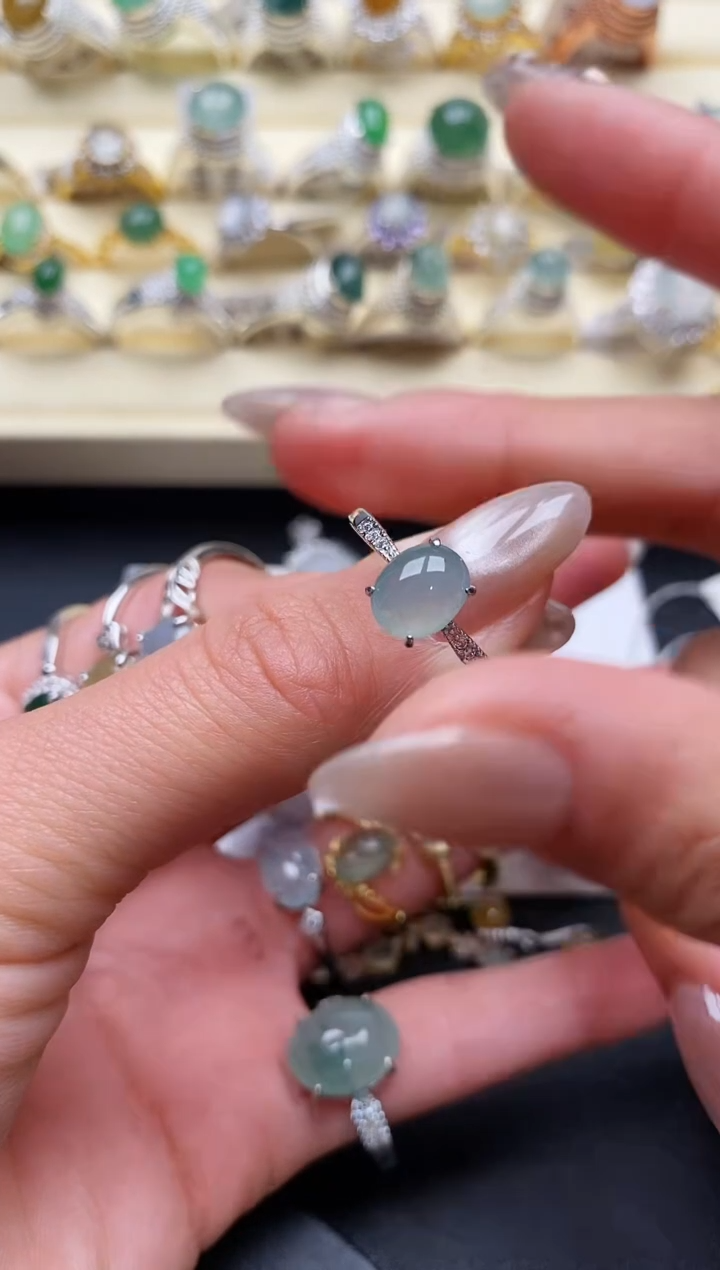 【闪购商品】翡翠戒指银S925镶嵌缅甸天然A货翡翠55 6-4