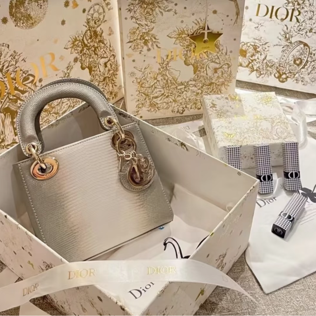 99新 DIOR/迪奥 珊珊专场  戴妃包 三格 灰色 蜥蜴皮 金扣 2022 