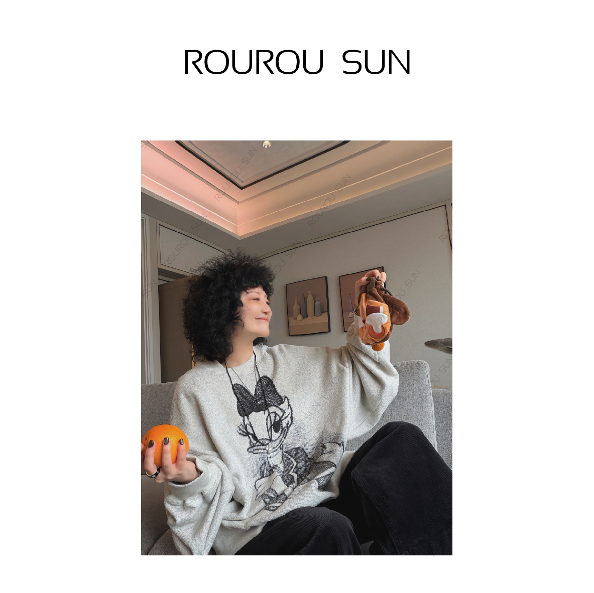 22806韩版卡通图案印花圆领抓绒卫衣女秋冬宽松百搭休闲上衣