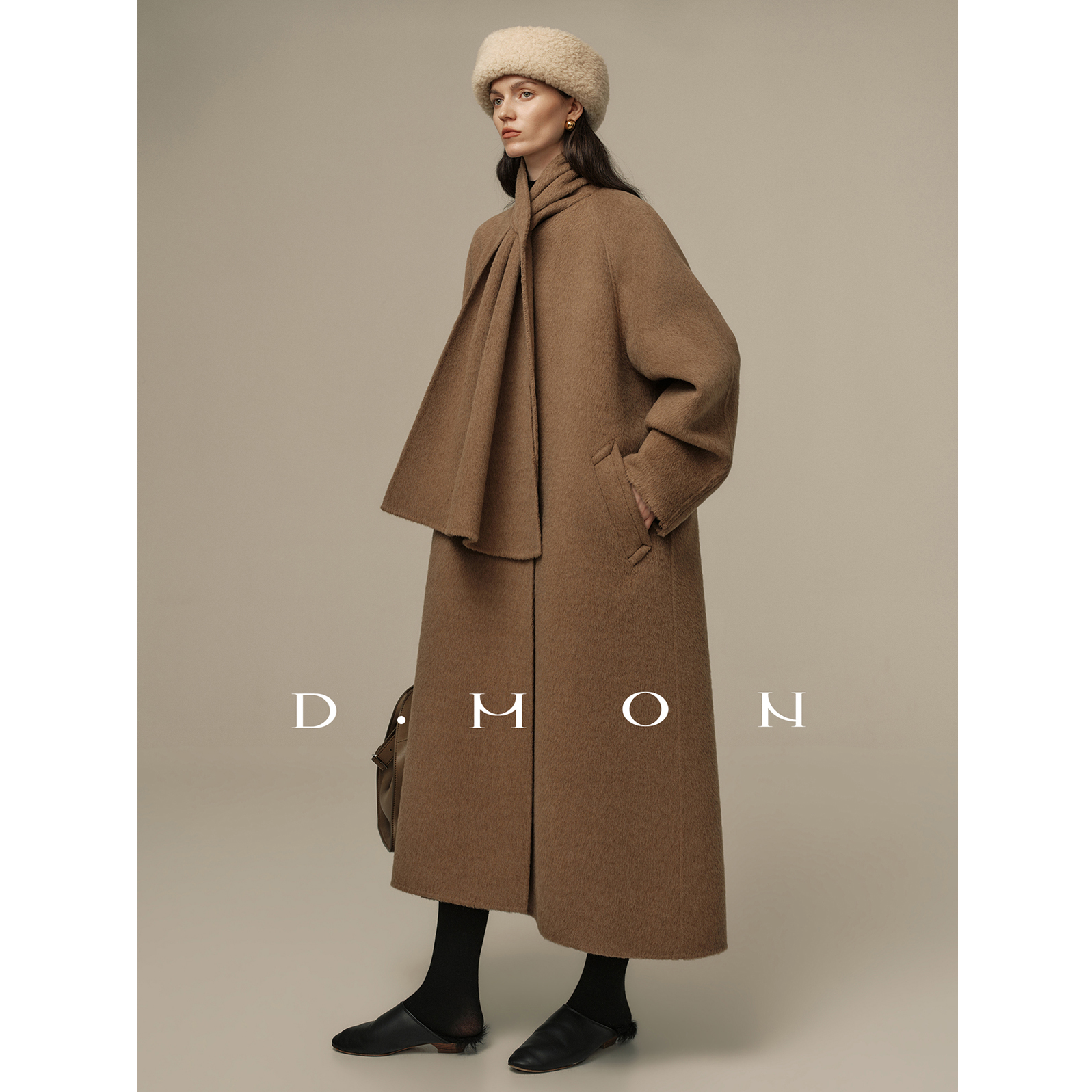DMON至简时髦_定纺进口长毛羊驼毛松弛氛围感飘带纸片人毛呢外套