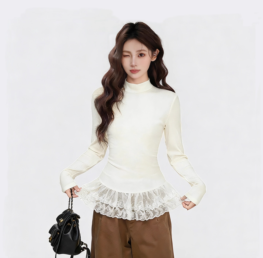 蕾丝下摆荷叶边磨毛圆领打底T恤女冬季新款韩系修身显瘦内搭
