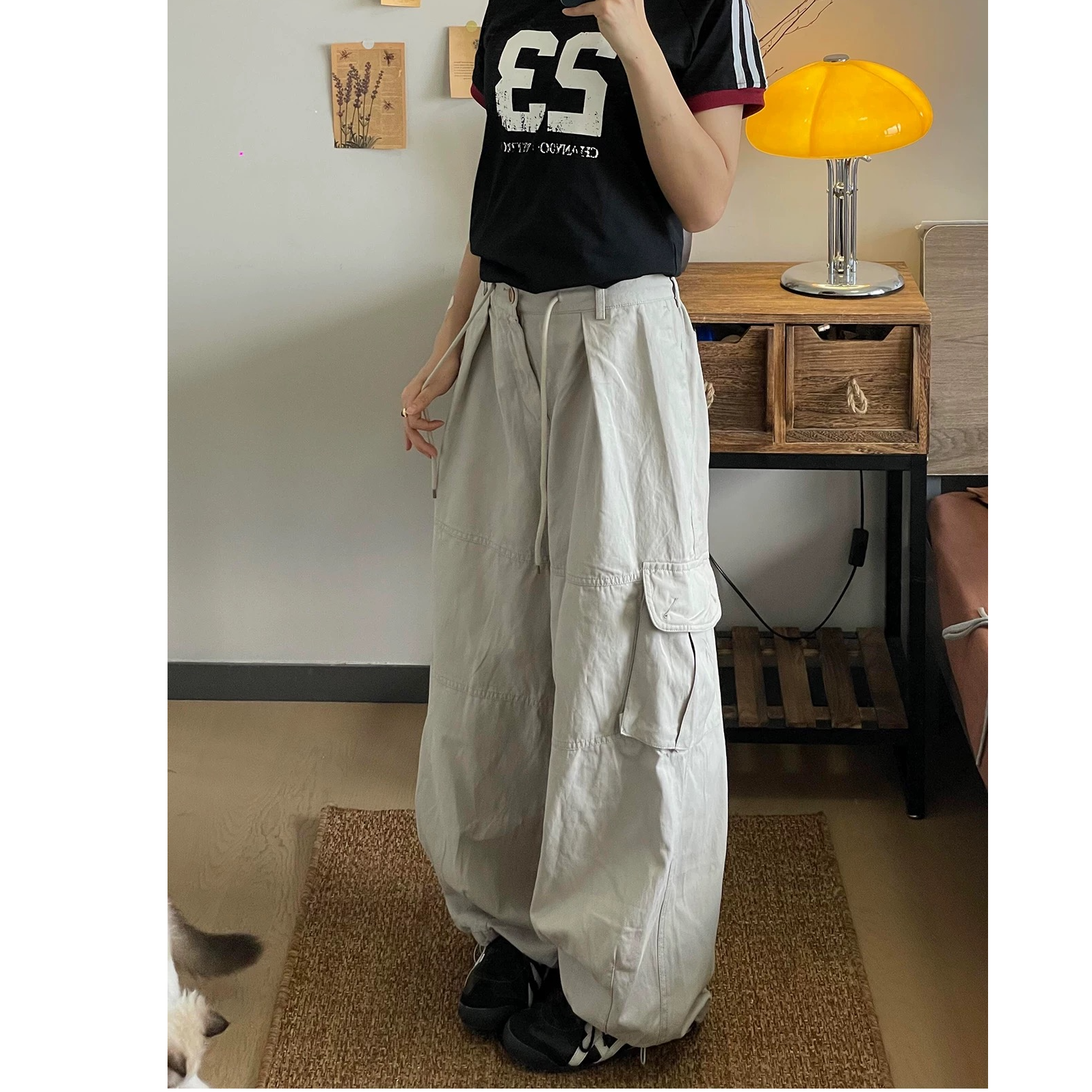 NOMIO美式抽绳阔腿宽松显瘦工装裤裤休闲裤设计感夏季百搭裤子