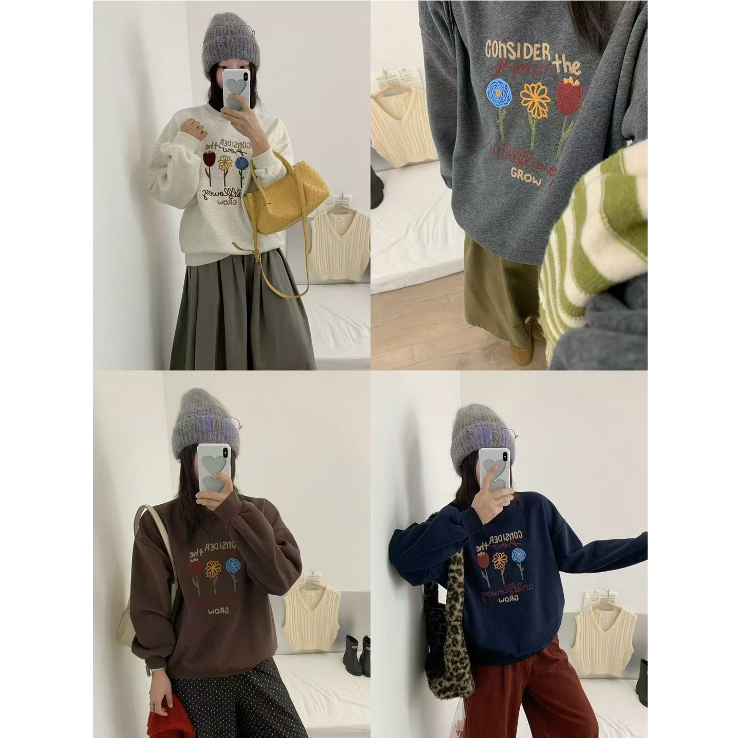 韩系糯米绒简约重工刺绣圆领加绒卫衣女宽松休闲百搭上衣9061