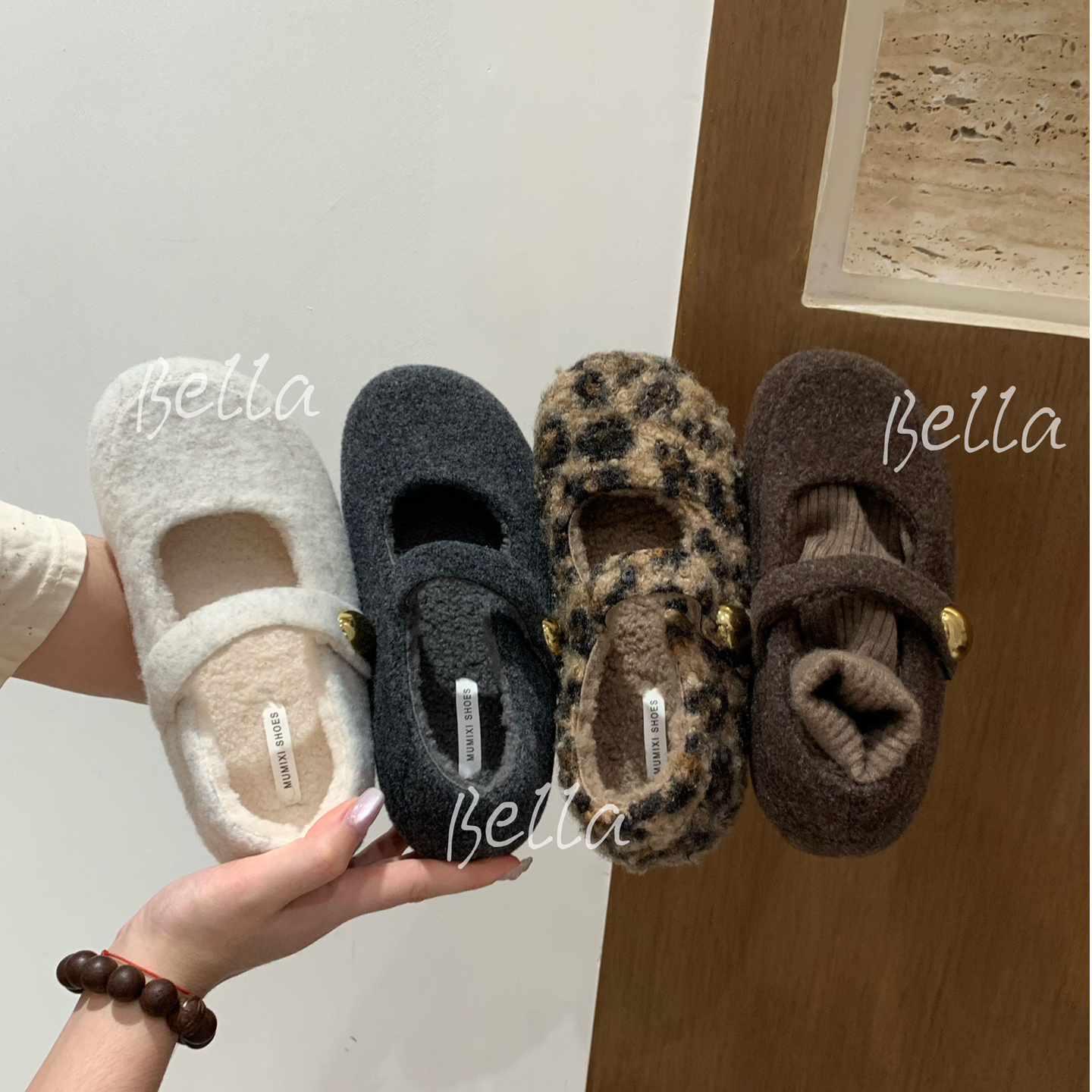 小个子厚底内增高玛丽珍毛毛鞋女外穿新款简约魔术贴灰色配裙单鞋