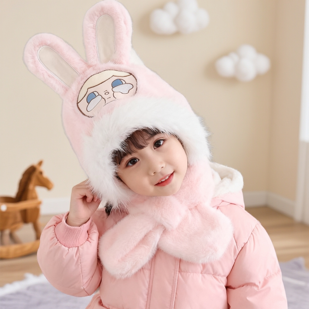 宝宝帽子冬季毛绒帽子围脖儿童一体帽男童女婴儿可爱小兔护耳保暖