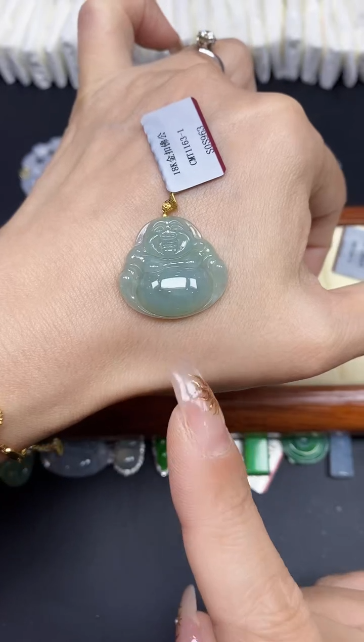 吊坠(不含链)18K金镶嵌翡翠佛公18K金扣镶嵌@@CMT1163-1
