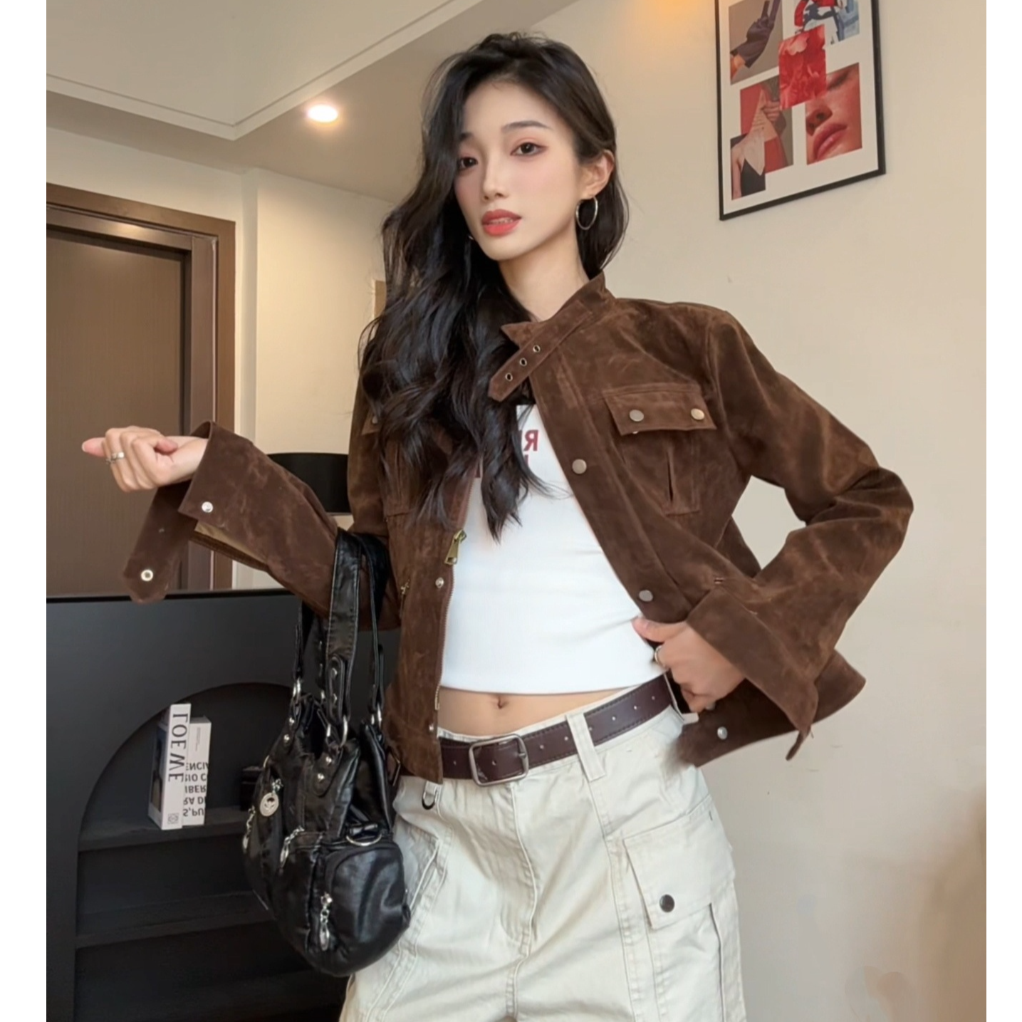 XTD 美式复古麂皮绒立领机车夹克外套女宽松显瘦短款上衣外套女