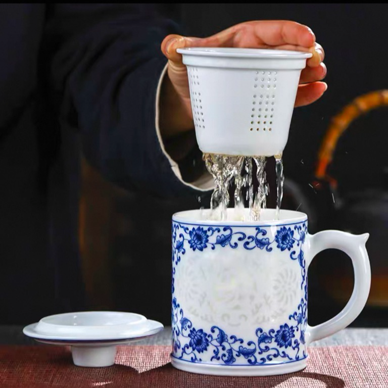 景德镇陶瓷茶漏杯大容量茶水分离杯马克杯高端玲珑杯家用办公礼物