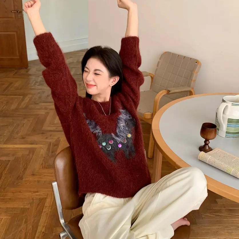 【小马新年】韩系套头毛衣亮片内搭宽松慵懒风圆领针织衫女冬