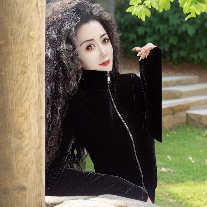 DPL2025新款欧货洋气显瘦黑色丝绒双拉链立领修身设计感小众上衣