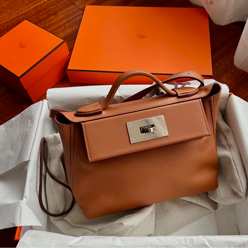 99新 Hermes/爱马仕 珊珊活动 2424 Mini 金棕色 EC皮 Y刻 银扣包