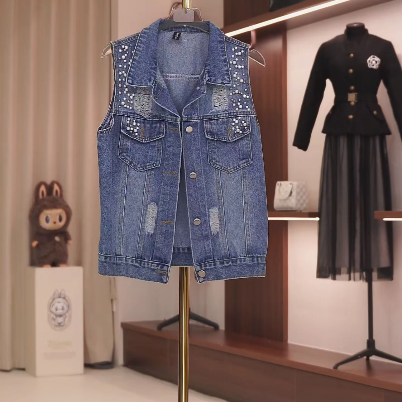 无品牌kk161钉珠透气韩式修身型短款春季马夹蓝色套装时尚小香风