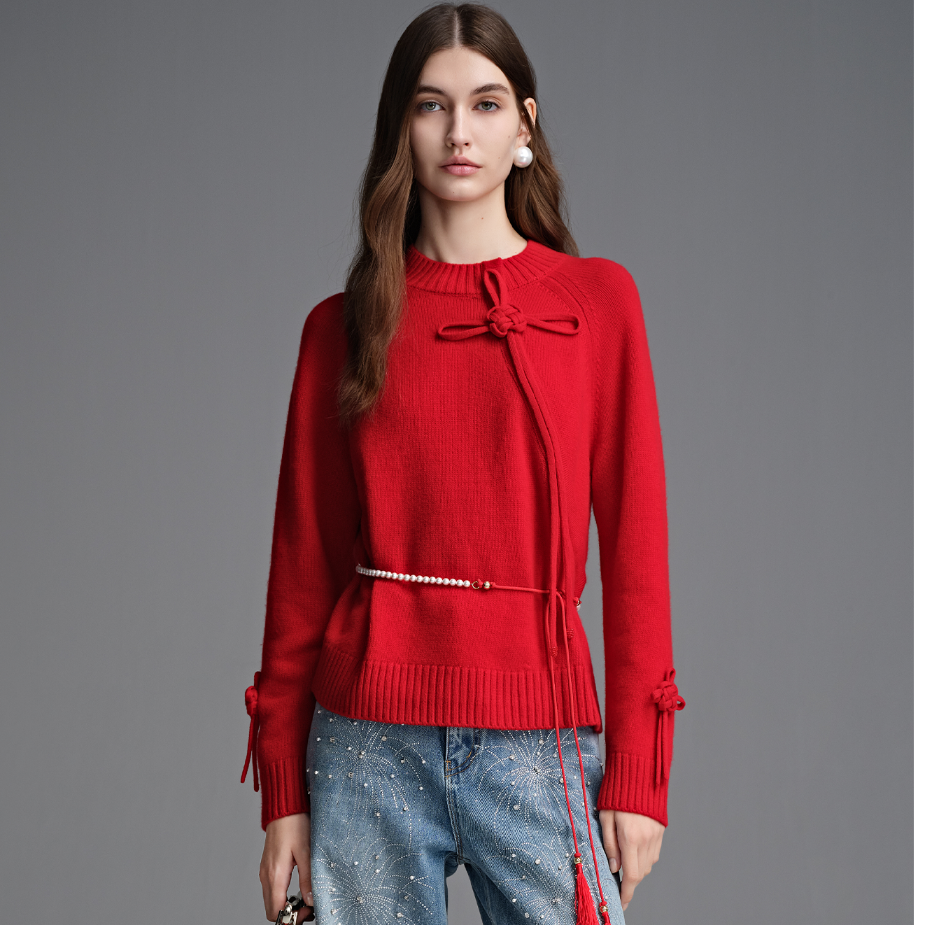 COCOON大红色国风中国结套头圆领毛衫26112BC102319041