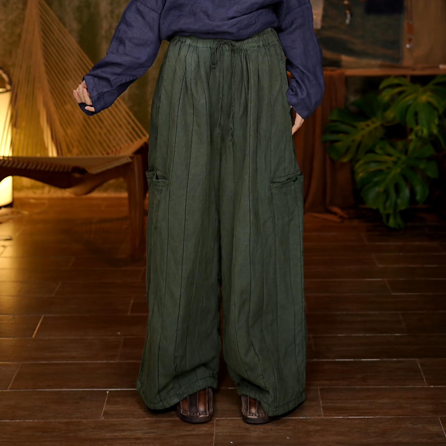 25AW193亚麻复古休闲宽松型常规款复古风中式宽松休闲裤防风棉裤