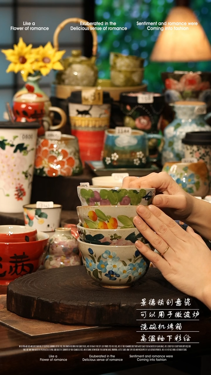 陶瓷四件套景德镇高温釉下彩手工手绘款式